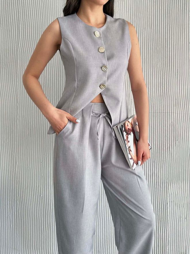 Radica Fashion Gold Buttoned Vest Pleated Trousers Suit Grey Wholesale Clothing Summer