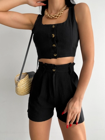Модел на дрехи на едро носи  Комплект Черна Ленена Жилетка И Шорти
, турски едро Костюм на Radica Fashion