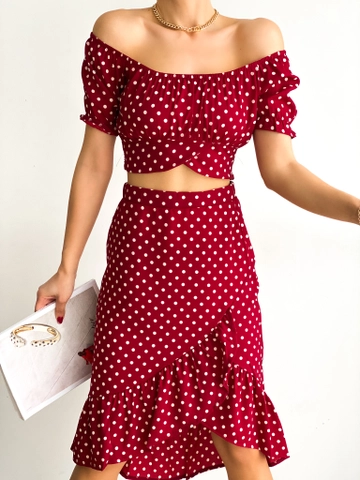 A wholesale clothing model wears  Claret Red Polka Dot Skirt Bustier Set
, Turkish wholesale Suit of Radica Fashion