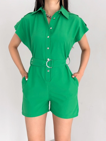 A wholesale clothing model wears  Button-Front Belted Jumpsuit With Green Shorts
, Turkish wholesale Jumpsuit of Radica Fashion