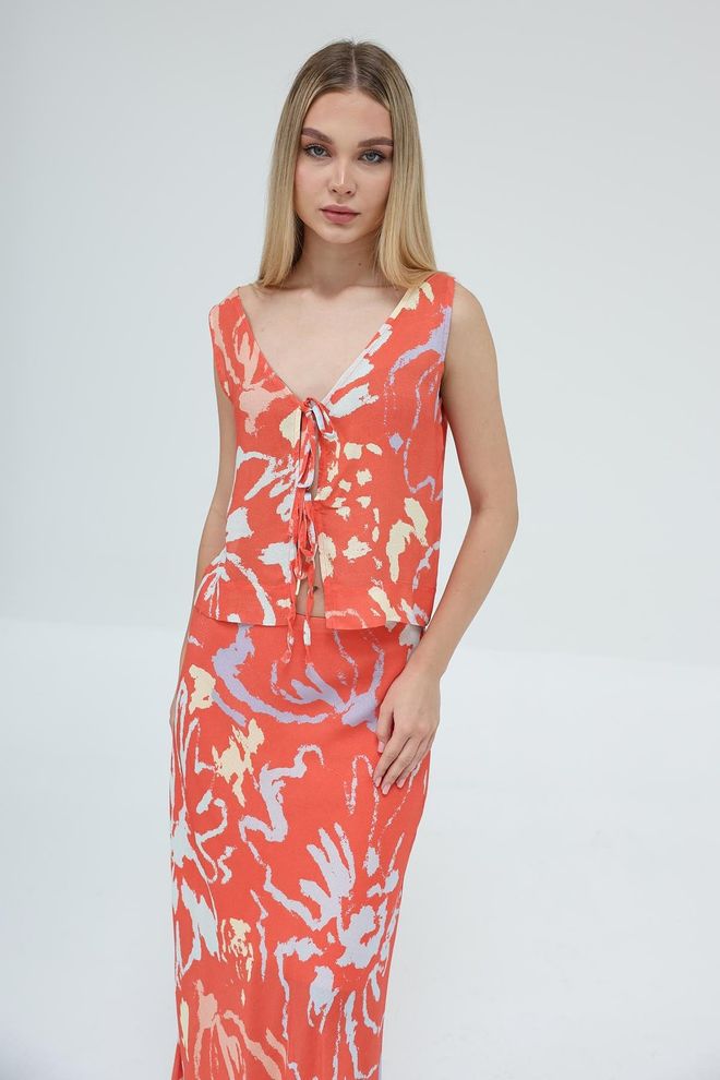 Reyon Set Aus Bluse Und Rock Mit Schnürung – Rot Großhandelskleidung Lässig