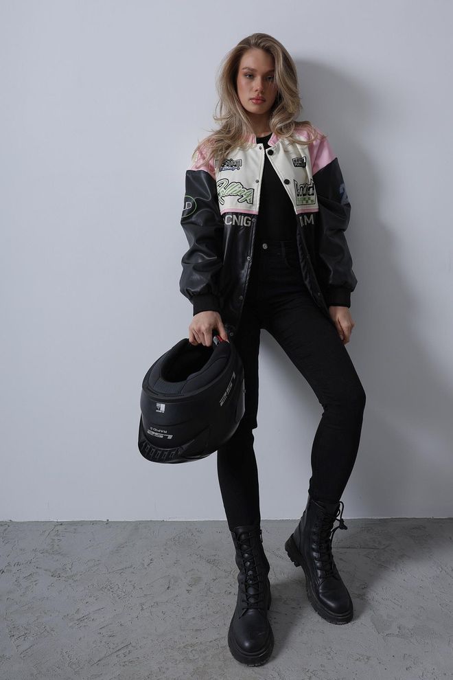 Reyon Giacca Da Motociclista Da Motociclista Nera Rosa Ed Ecru Abbigliamento all'ingrosso Casuale