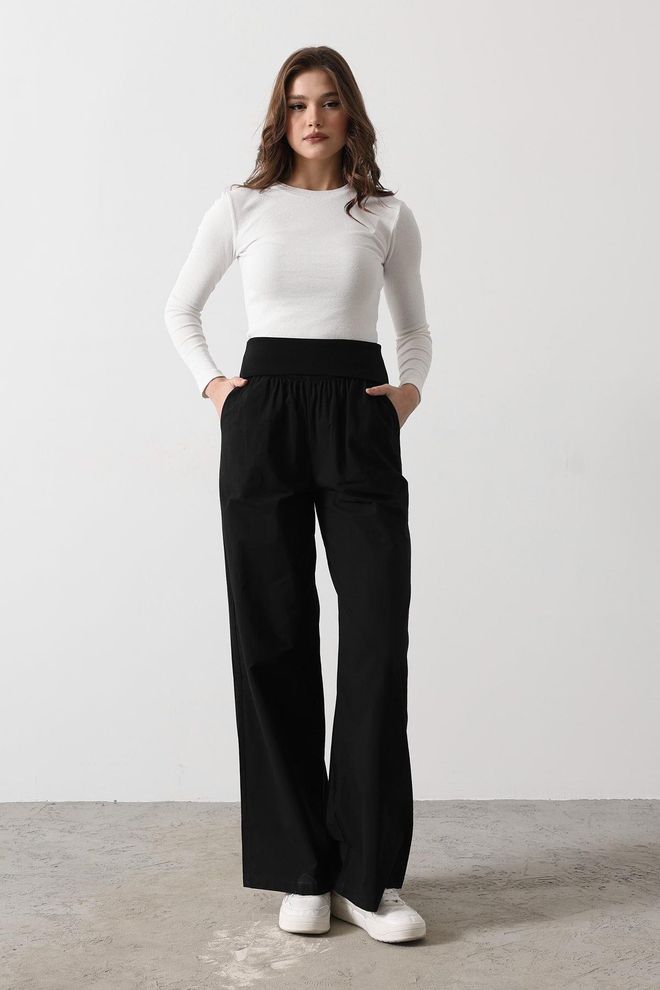 Reyon Katlanabilir Bel Pantolon Siyah Toptan Giyim Gündelik
