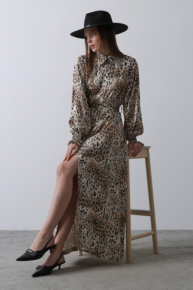 Reyon Robe Gype À Motif Léopard Marron Vêtements en gros Élégant