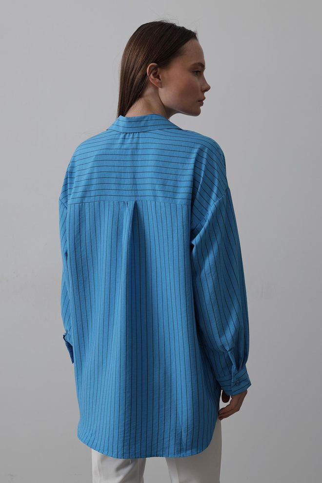 Reyon Gestreiftes Hemd Mit Einer Tasche Blau Großhandelskleidung 5