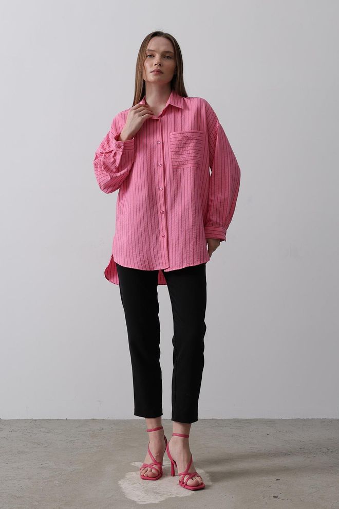 Reyon Gestreept Shirt Met Enkele Zak Roze Groothandel Kleding Formeel