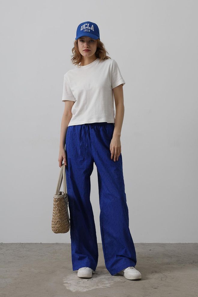 Reyon Pantaloni Ricamati Con Cravatta In Vita Saks Abbigliamento all'ingrosso Casuale