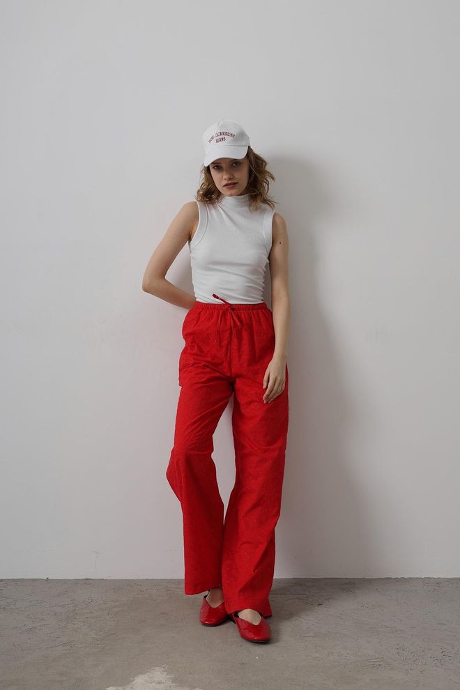 Reyon Pantaloni Ricamati Con Cravatta In Vita Rosso Abbigliamento all'ingrosso Casuale