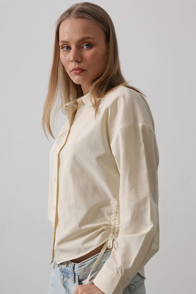 Reyon Basic Shirt With Side Tie Ecru Wholesale Clothing Casual
