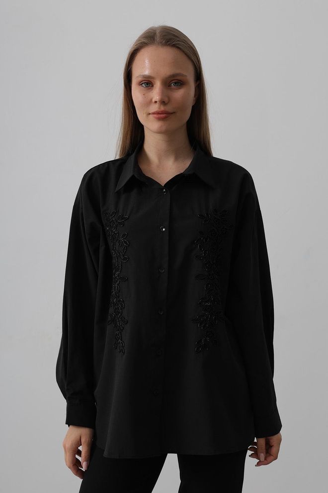 Reyon Chemise Longue Ornée De Perles Brodées Noir Vêtements en gros Décontracté