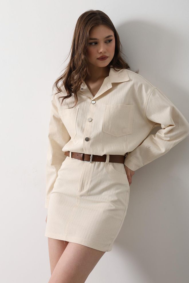 Reyon Φόρεμα Πουκάμισο Ψαροκόκαλο Με Λεπτομέρεια Ζώνης Φυσικό Χονδρικό εμπόριο ενδυμάτων Φθινόπωρο