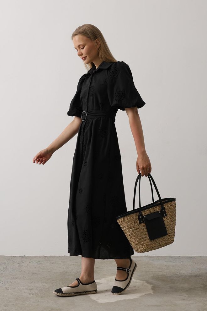 Reyon Embroidered Dress With Balloon Sleeve Belt Black Wholesale Clothing Casual