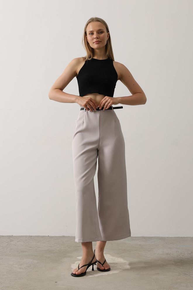 Reyon Pantaloni Con Dettagli Con Colletto A Cintura Grigio Abbigliamento all'ingrosso Casuale