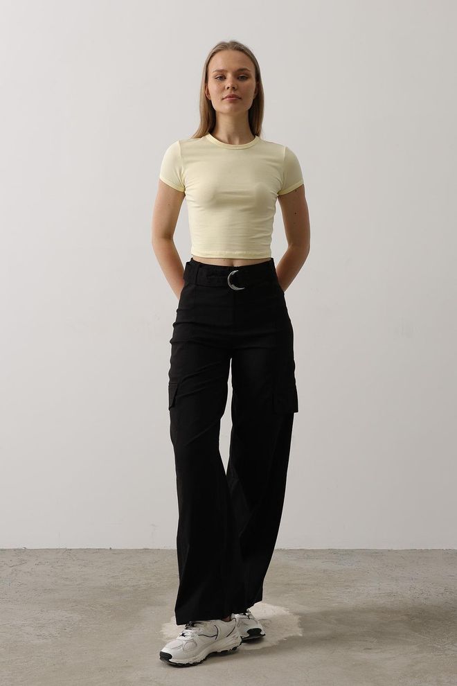 Reyon Pantaloni Cargo Con Cintura Neri Abbigliamento all'ingrosso Casuale