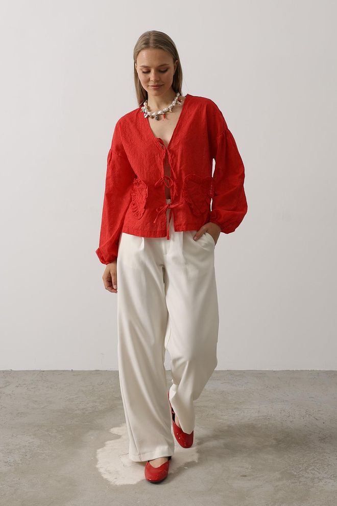 Reyon Camicetta Ricamata Con Dettagli A Cuore Rossa Abbigliamento all'ingrosso Casuale