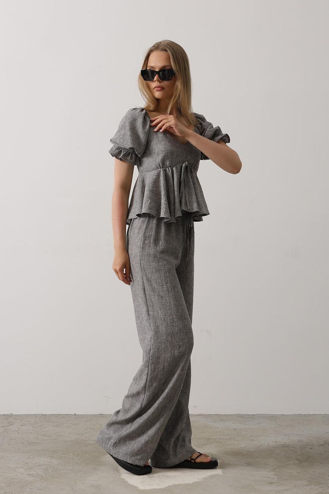 Reyon Conjunto De Manga De Meio Balão Com Laço Preto Roupas por atacado Casual