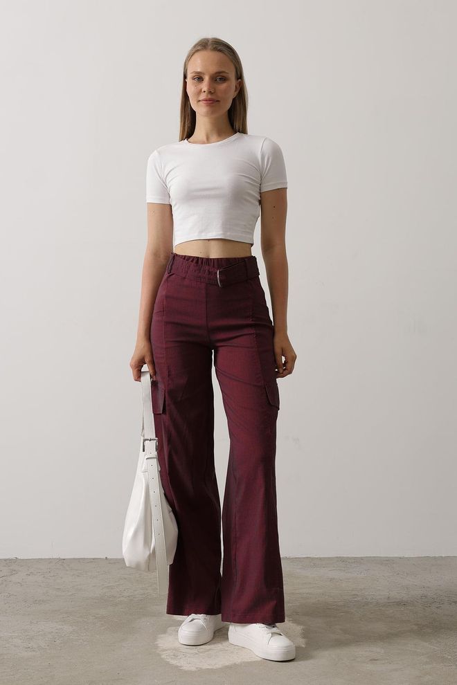 Reyon Pantaloni Cargo Cu Centură Burgundy Îmbrăcăminte cu ridicata Casual