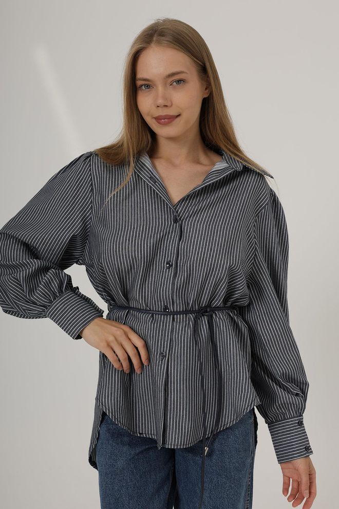 Reyon Chemise Ceinturée À Rayures Argentées Bleu Marine Vêtements en gros Décontracté