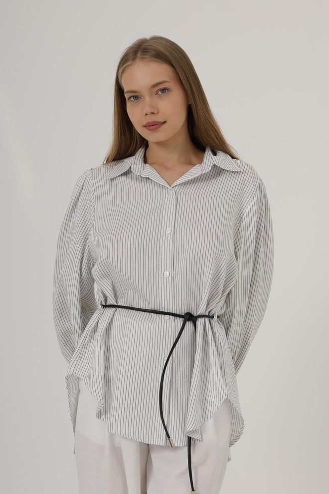 Reyon Silvery Striped Belted Shirt White Wholesale Clothing Casual