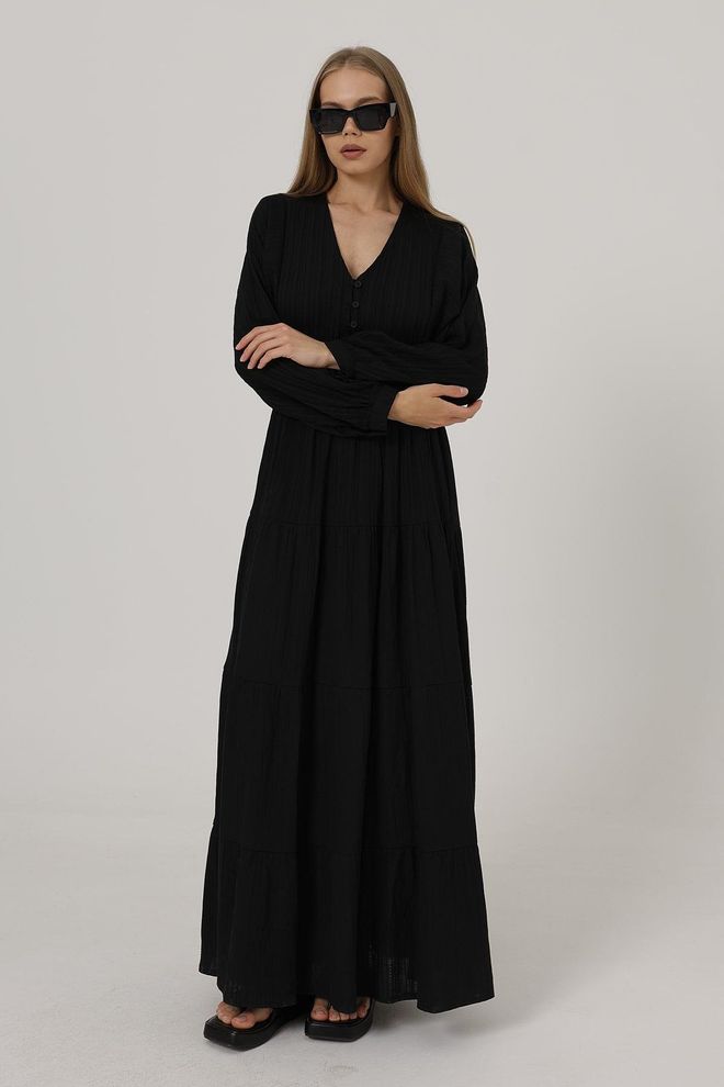 Reyon Robe Ceinturée À Manches Longues Et Demi boutons Sur Le Devant Noire Vêtements en gros Décontracté