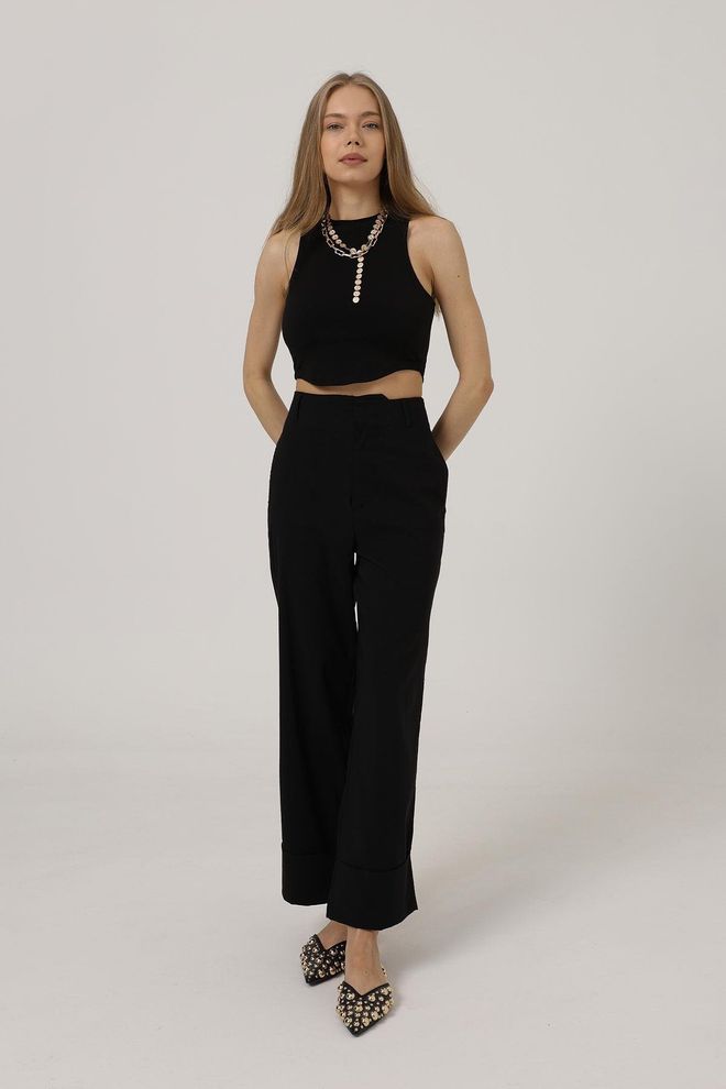 Reyon بنطال بساق مزدوجة أسود ملابس بالجملة غير رسمي