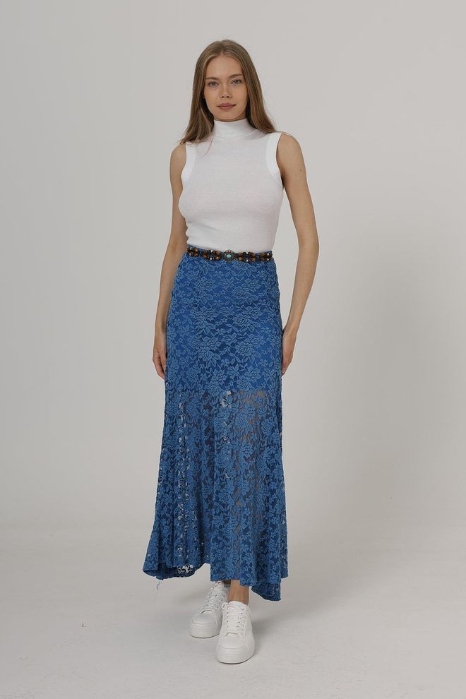 Reyon Saia Elástica De Renda Na Cintura Azul Roupas por atacado Elegante