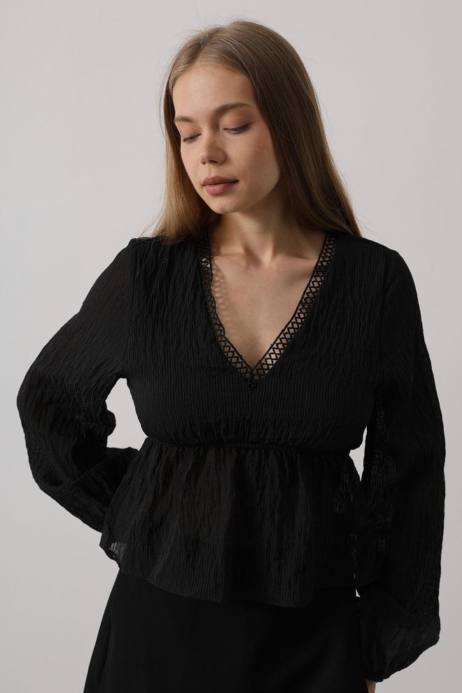 Reyon Blusa In Pizzo Con Scollo A V Nera Abbigliamento all'ingrosso Casuale