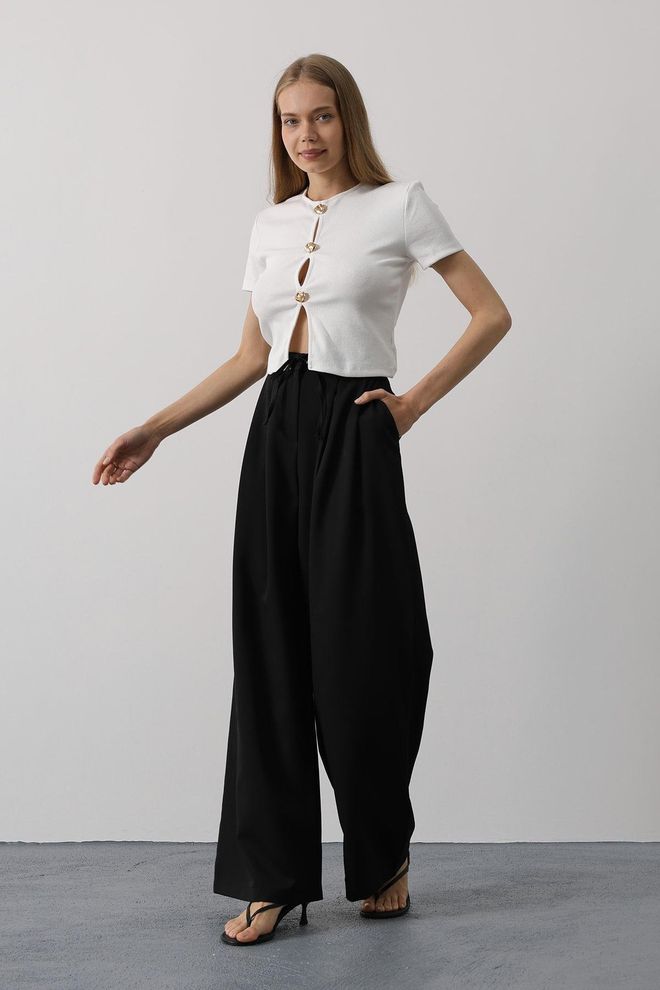 Reyon Pantaloni Oversize In Pizzo Plissettato Neri Abbigliamento all'ingrosso Casuale