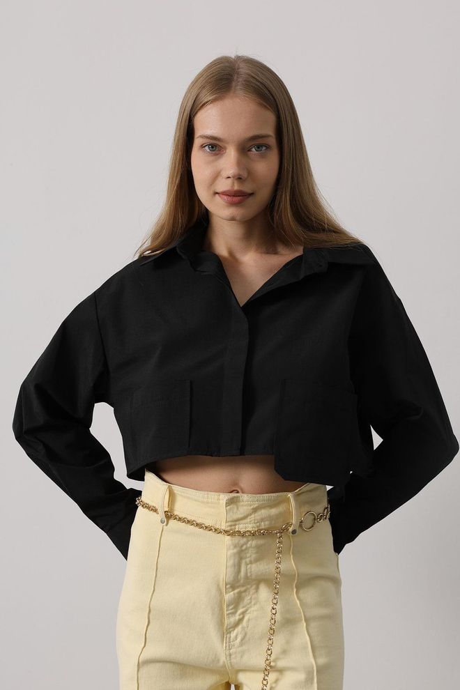 Reyon Chemise Courte À Double Poche Noir Vêtements en gros Décontracté