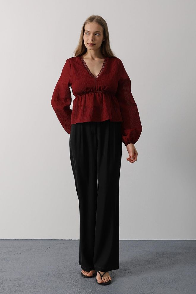 Reyon Blusa In Pizzo Con Scollo A V Bordeaux Abbigliamento all'ingrosso Casuale