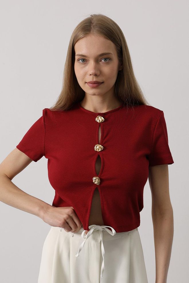 Reyon Top De Manga Corta Con Botones Borgoña Ropa al por mayor Casual