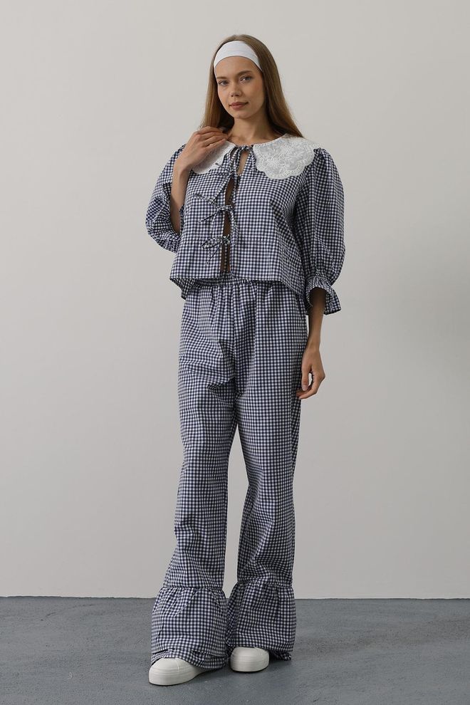 Reyon Lace Collar Square Pattern Suit Navy Wholesale Clothing Casual