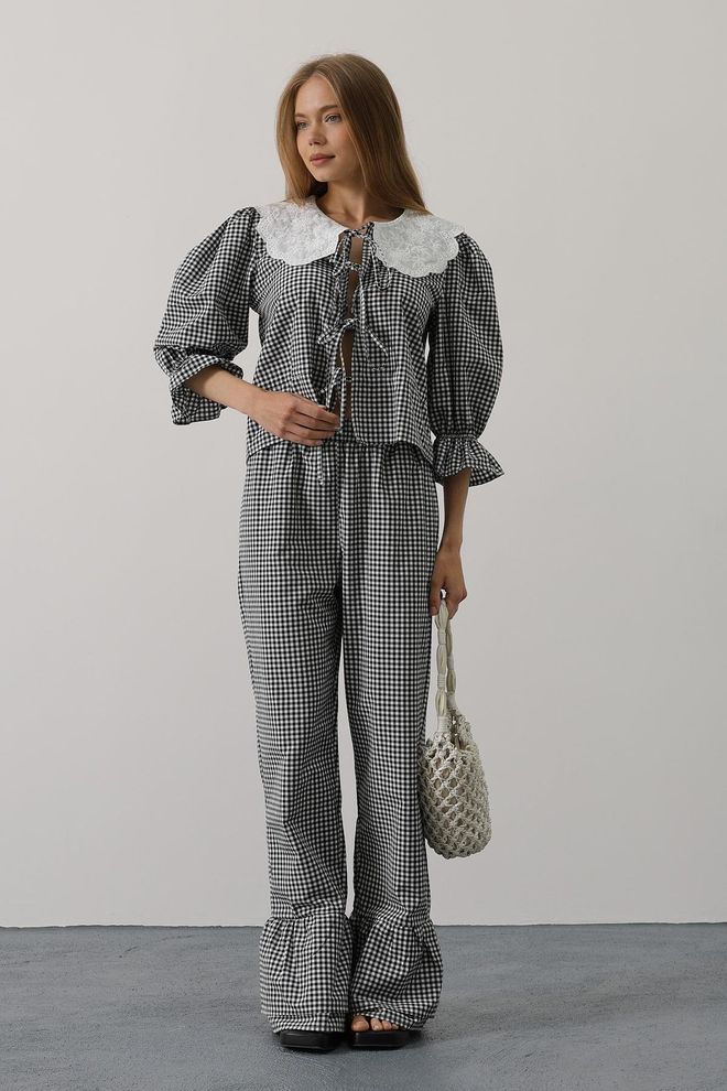 Reyon Abito Con Colletto In Pizzo Con Motivo Quadrato Nero Abbigliamento all'ingrosso Casuale