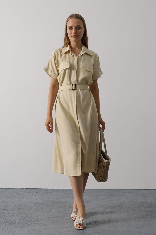 Reyon Беж Хаљина Кошуља Миди Неформална Елегантна Велепродаја одеће скроман