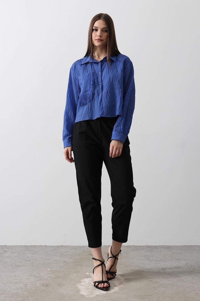 Reyon Tassel Pocket Detailed Short Shirt Blue Wholesale Clothing Casual
