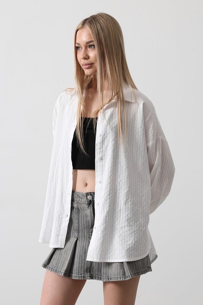 Reyon Gestreept Shirt Met Lange Mouwen Wit Groothandel Kleding Casual