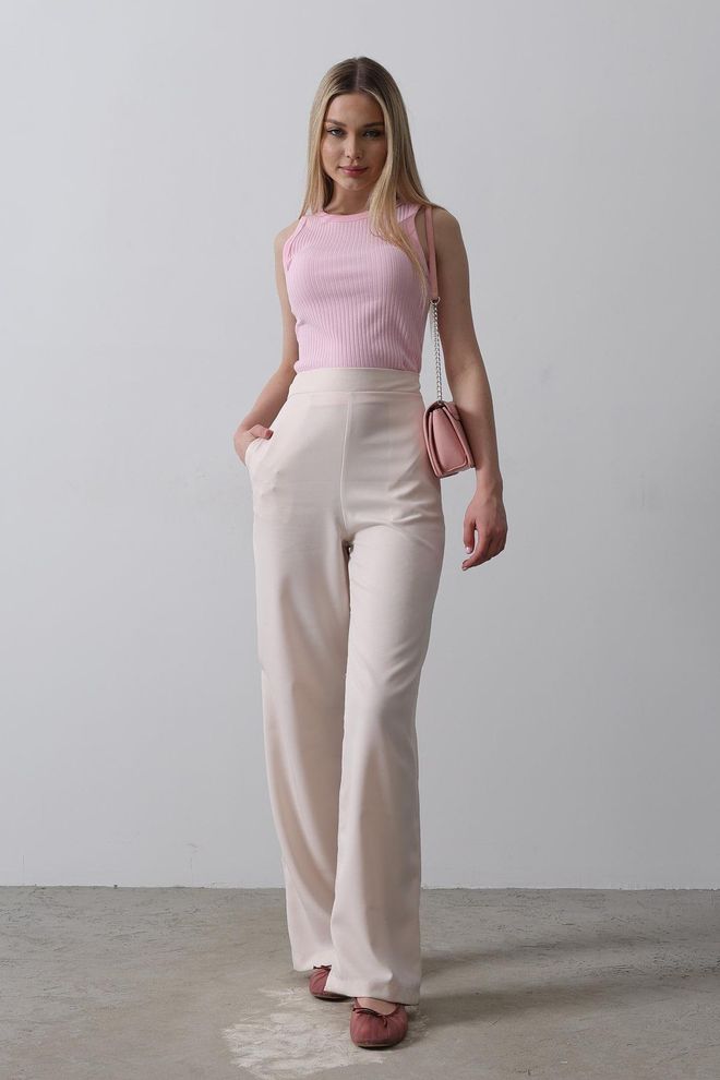 Reyon Half Elastic Waist Palazzo Pants Powder Pink Wholesale Clothing Polyester