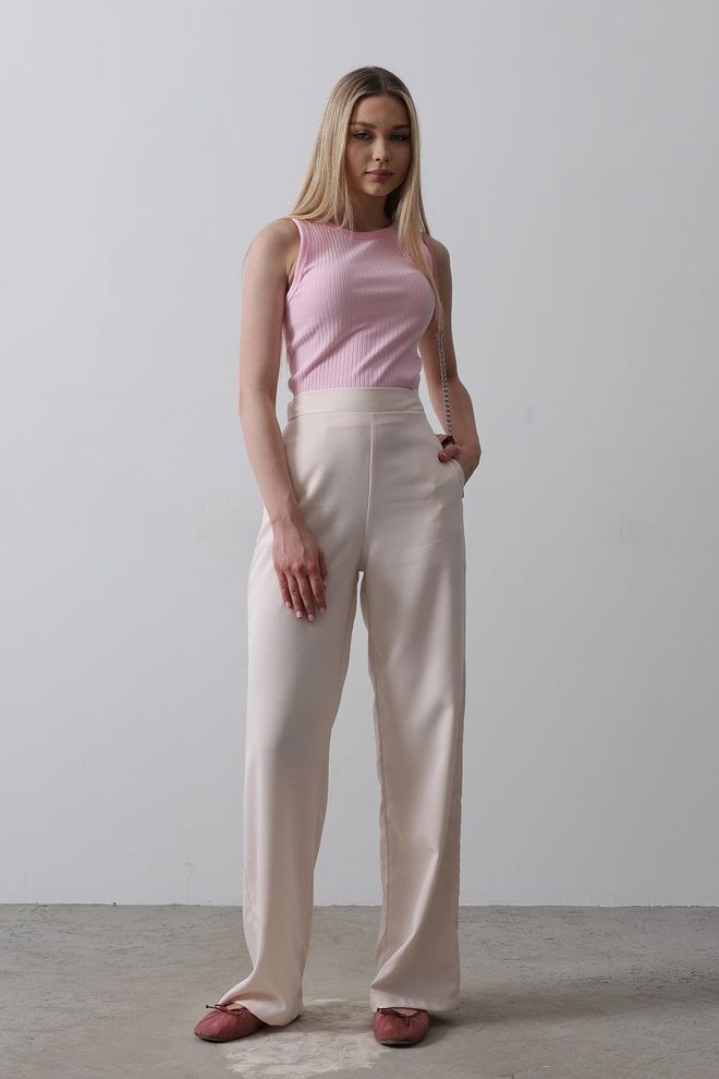 Reyon Half Elastic Waist Palazzo Pants Powder Pink Wholesale Clothing Summer