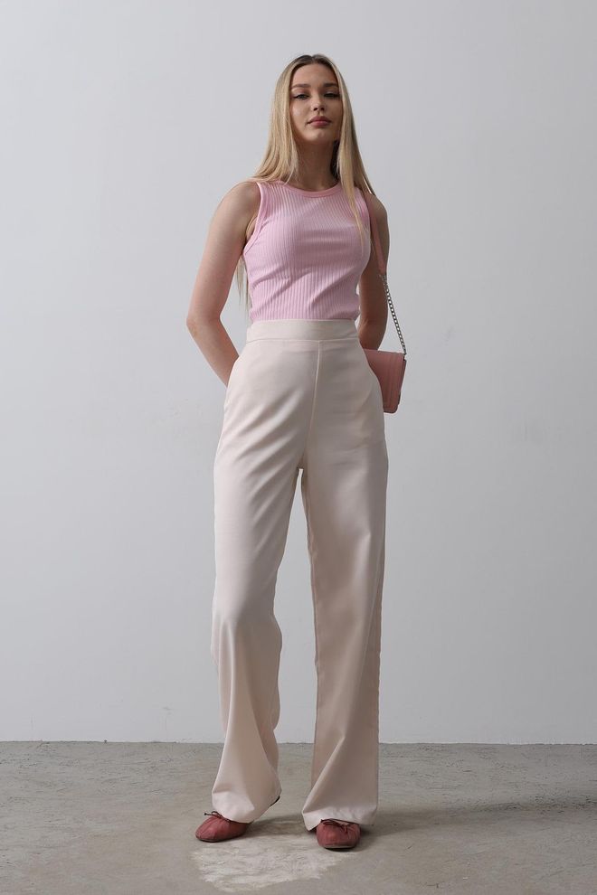 Reyon Half Elastic Waist Palazzo Pants Powder Pink Wholesale Clothing 5