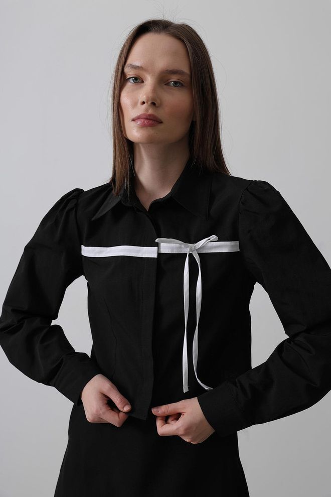 Reyon Camisa Con Lazo En Contraste En La Parte Delantera Negra Ropa al por mayor Preppy