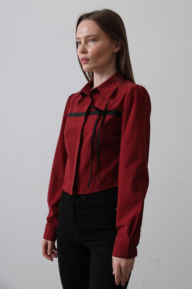 Reyon Camisa Con Lazo En Contraste En La Parte Delantera Borgoña Ropa al por mayor Preppy