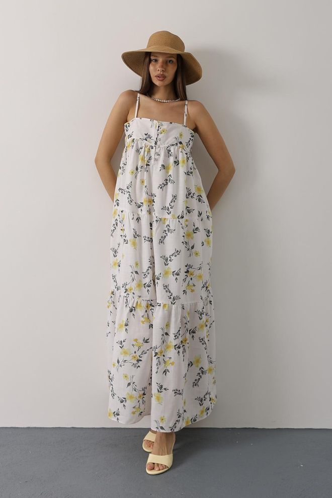 Reyon Rochie Slip Maxi Albă Cu Model Floral Și Decolteu Pătrat Îmbrăcăminte cu ridicata Casual