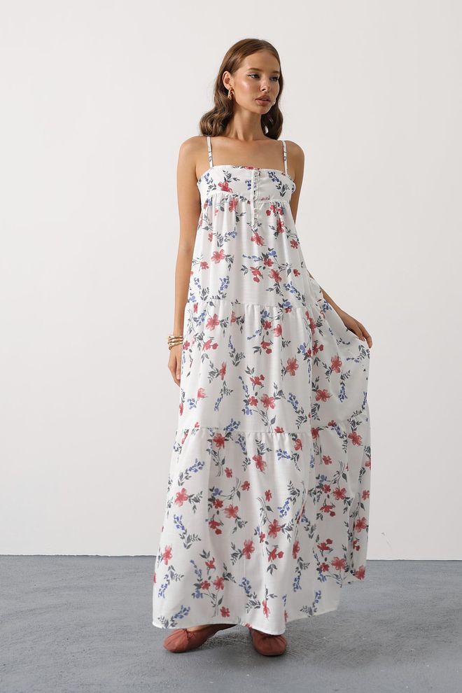Reyon Rochie Albă Maxi Florală Tip Slip Cu Decolteu Pătrat Îmbrăcăminte cu ridicata Casual