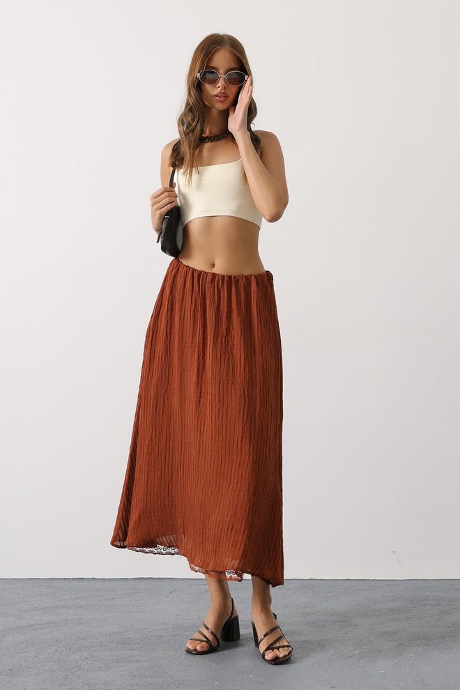 Reyon Brown Flared Maxi Skirt With Striped Pattern Wholesale Clothing 1