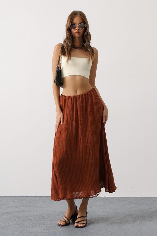 Reyon Brown Flared Maxi Skirt With Striped Pattern Wholesale Clothing Lounge