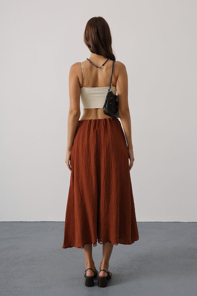 Reyon Brown Flared Maxi Skirt With Striped Pattern Wholesale Clothing Boho