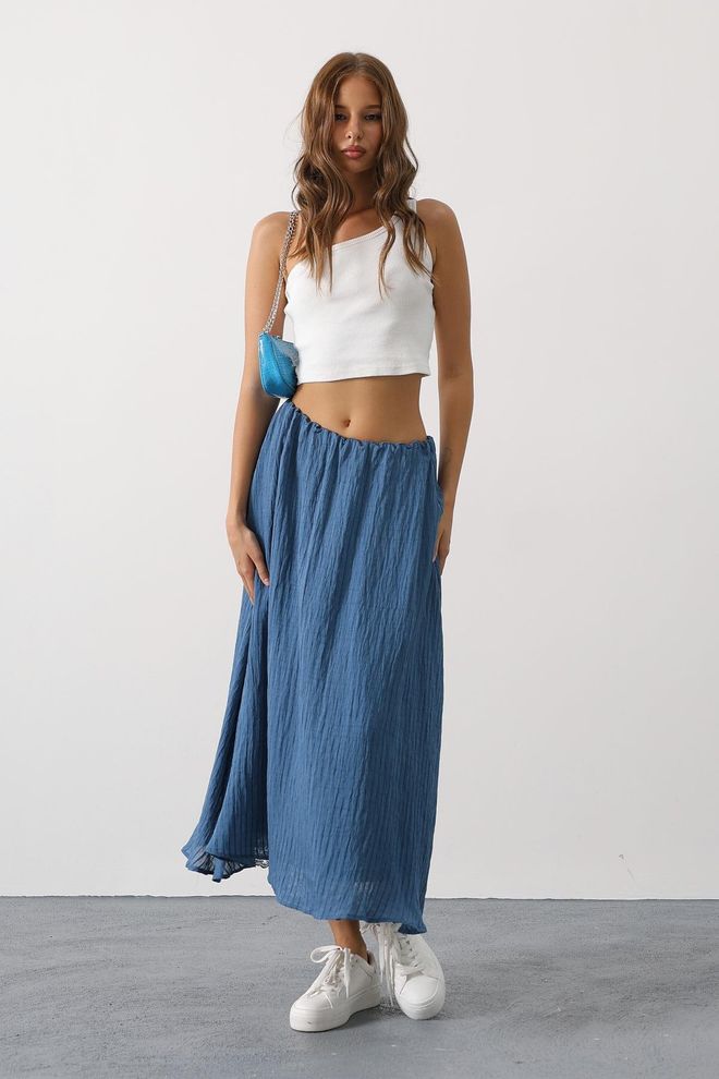 Reyon Saia Azul Flare Maxi Com Cintura Média Roupas por atacado Casual