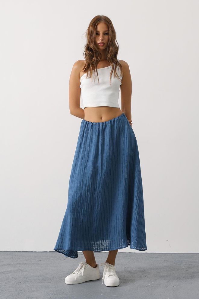 Reyon Blue Flared Maxi Skirt With Mid Waist Wholesale Clothing 1