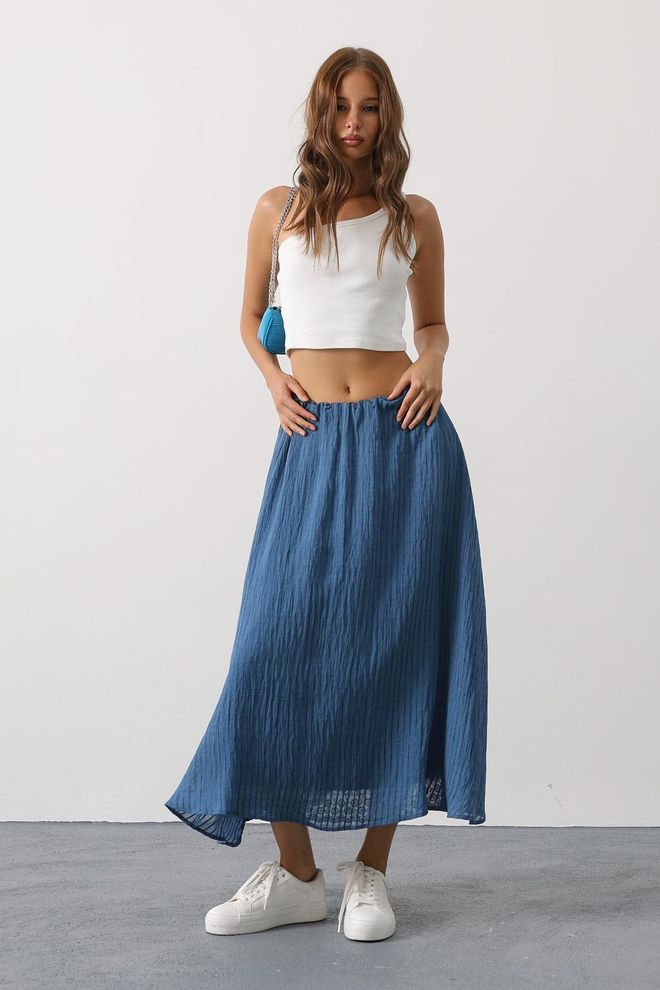 Reyon Blue Flared Maxi Skirt With Mid Waist Wholesale Clothing Lounge