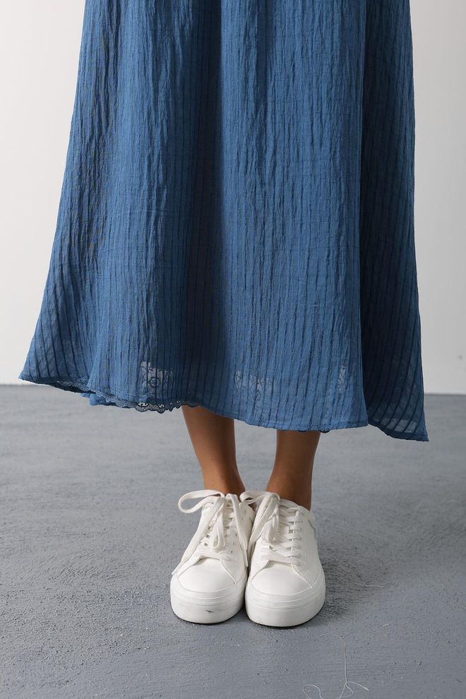 Reyon Blue Flared Maxi Skirt With Mid Waist Wholesale Clothing Boho